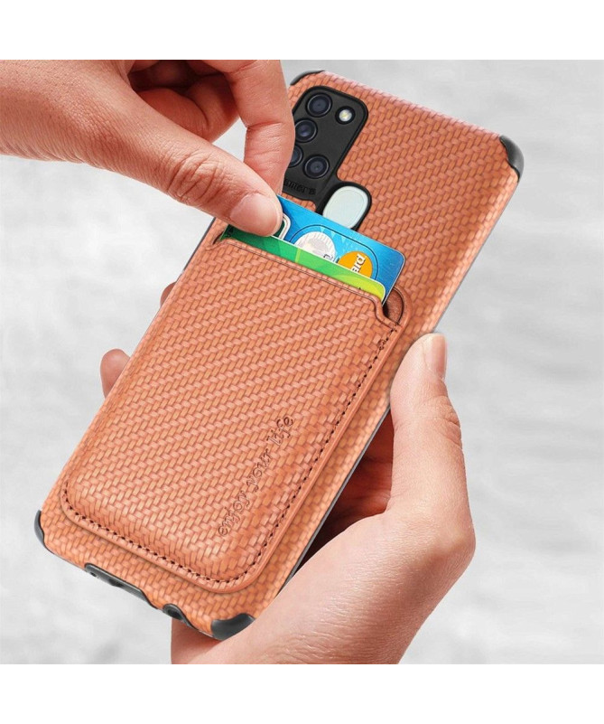 Coque Samsung Galaxy A21s Fibre de Carbone Porte-cartes magnétique