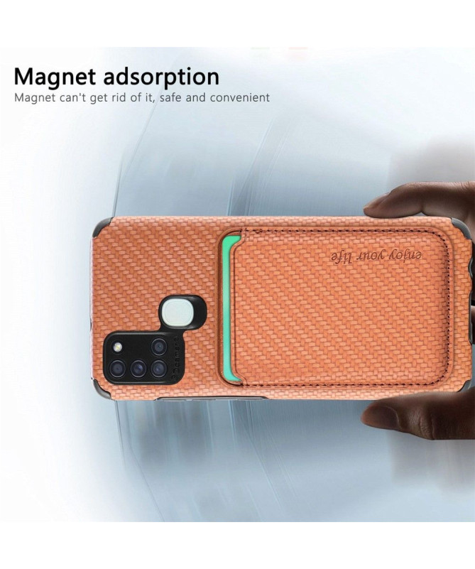 Coque Samsung Galaxy A21s Fibre de Carbone Porte-cartes magnétique