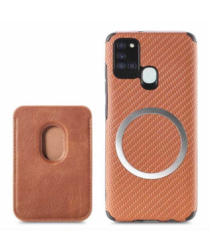 Coque Samsung Galaxy A21s Fibre de Carbone Porte-cartes magnétique