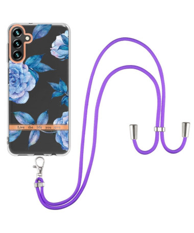 Coque Samsung Galaxy A54 5G Pivoine bleu à cordon