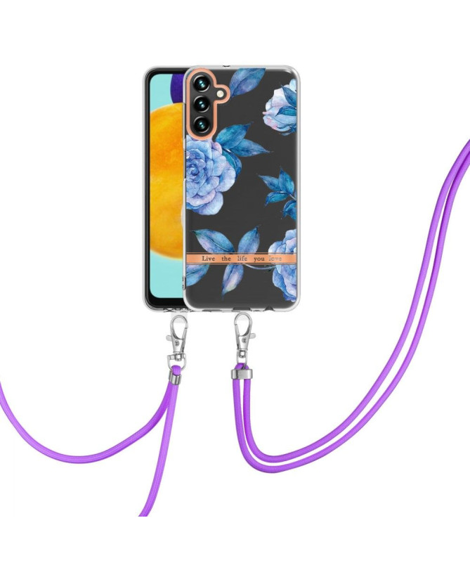 Coque Samsung Galaxy A54 5G Pivoine bleu à cordon