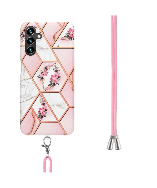 Coque Samsung Galaxy A54 5G marbre et couronne de fleurs à cordon