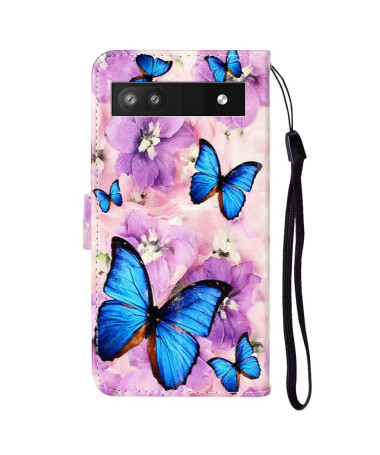 Housse Google Pixel 7a papillons bleus et fleurs