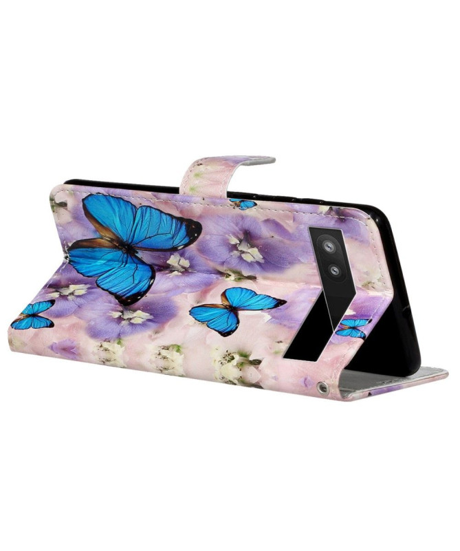 Housse Google Pixel 7a papillons bleus et fleurs