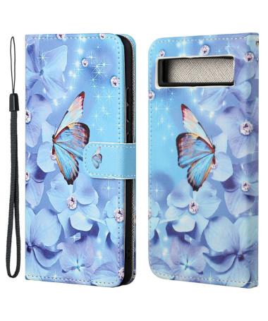 Housse Google Pixel 7a Papillon et fleurs bleues