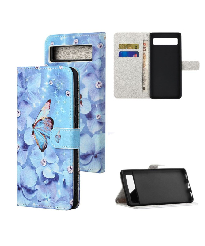 Housse Google Pixel 7a Papillon et fleurs bleues