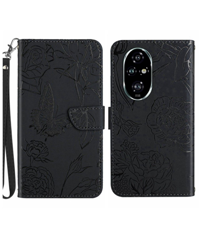 Housse Honor 200 Illustration Papillon et Fleurs à Lanière