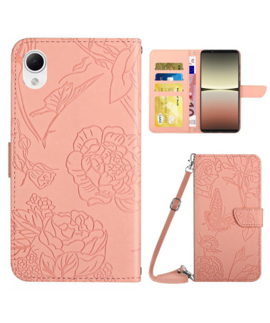 Housse Sony Xperia 5 IV Illustration Papillon et Fleurs à Sangle