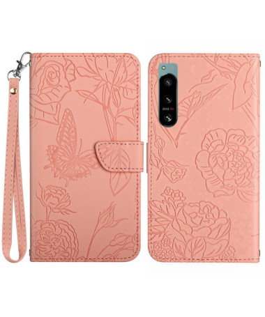 Housse Sony Xperia 5 IV Illustration Papillon et Fleurs à Lanière