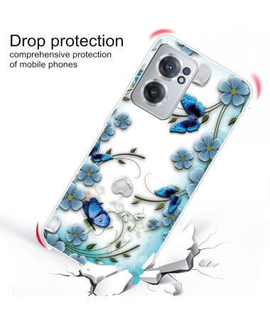 Coque OnePlus Nord CE 2 5G papillons et fleurs bleus