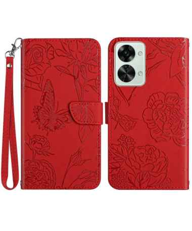 Housse OnePlus Nord 2T 5G Illustration Papillon et Fleurs Lanière