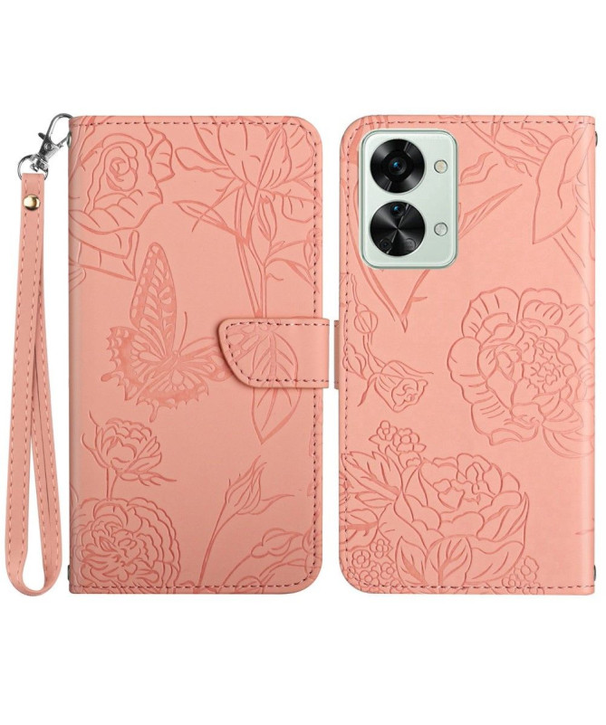 Housse OnePlus Nord 2T 5G Illustration Papillon et Fleurs Lanière