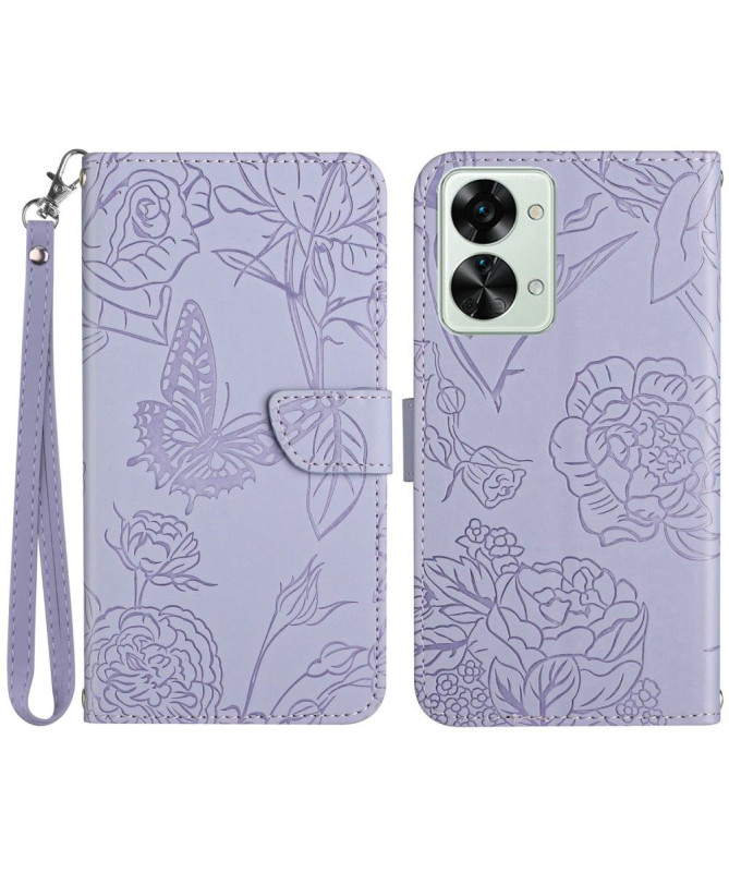 Housse OnePlus Nord 2T 5G Illustration Papillon et Fleurs Lanière