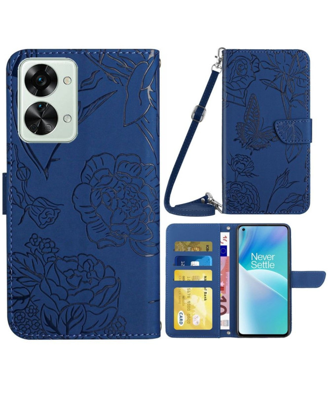 Housse OnePlus Nord 2T 5G Illustration Papillon et Fleurs Sangle