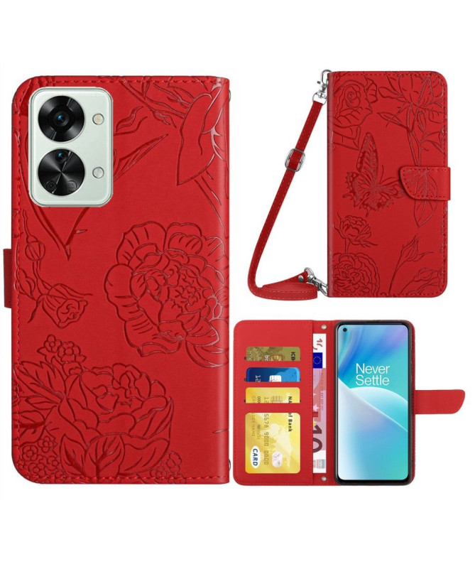 Housse OnePlus Nord 2T 5G Illustration Papillon et Fleurs Sangle