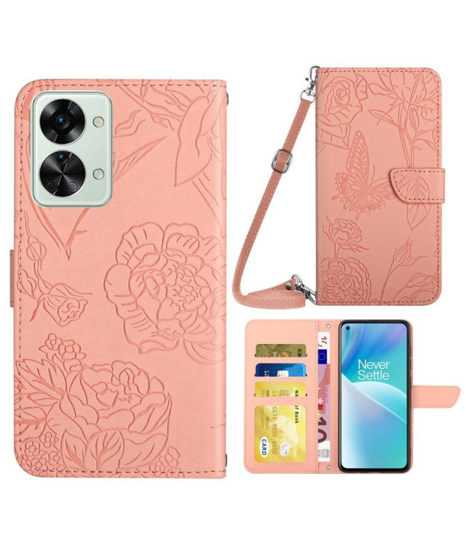 Housse OnePlus Nord 2T 5G Illustration Papillon et Fleurs Sangle