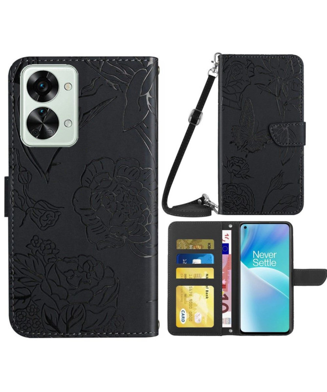 Housse OnePlus Nord 2T 5G Illustration Papillon et Fleurs Sangle