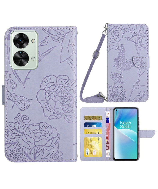 Housse OnePlus Nord 2T 5G Illustration Papillon et Fleurs Sangle