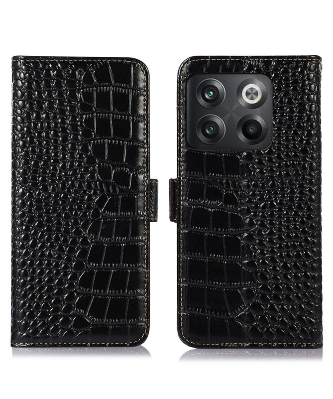 Housse OnePlus 10T 5G Cuir véritable aspect croco Noir