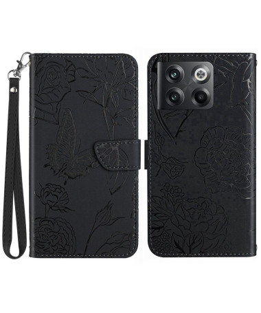 Housse OnePlus 10T 5G Illustration Papillon et Fleurs à Lanière