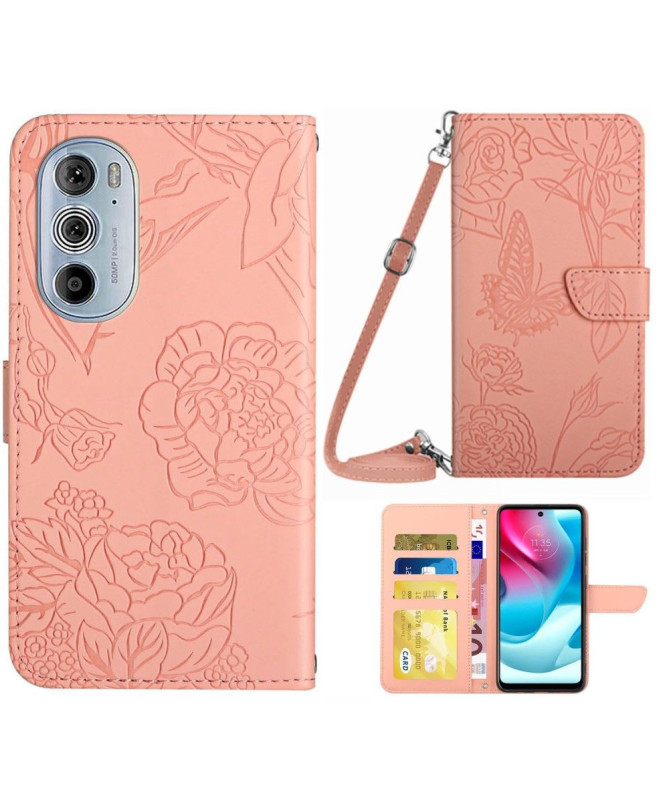 Housse Motorola Edge 30 Pro Illustration Papillon et Fleurs à Sangle