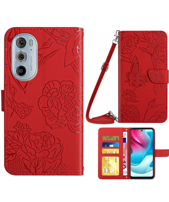 Housse Motorola Edge 30 Pro Illustration Papillon et Fleurs à Sangle