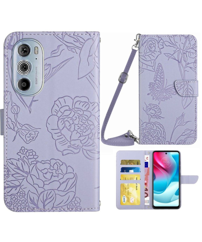 Housse Motorola Edge 30 Pro Illustration Papillon et Fleurs à Sangle