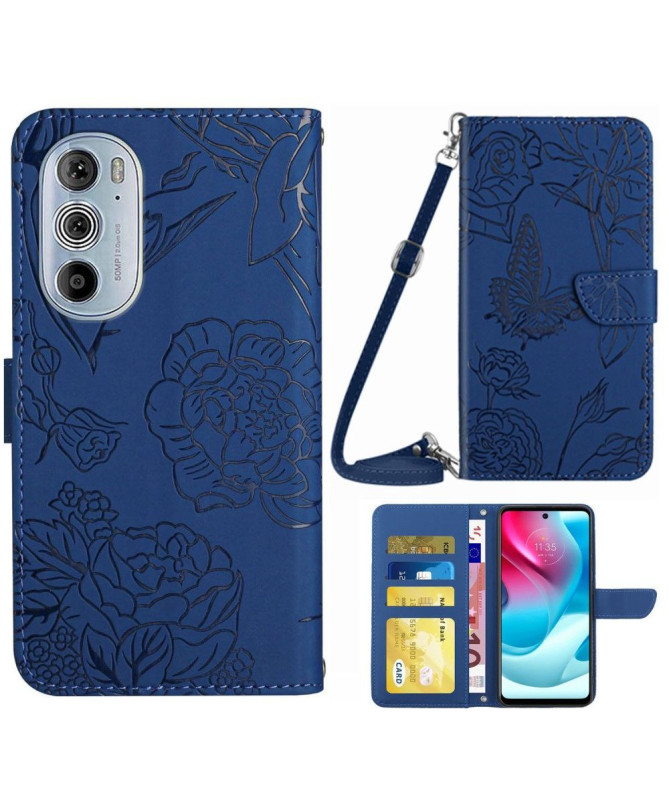 Housse Motorola Edge 30 Pro Illustration Papillon et Fleurs à Sangle