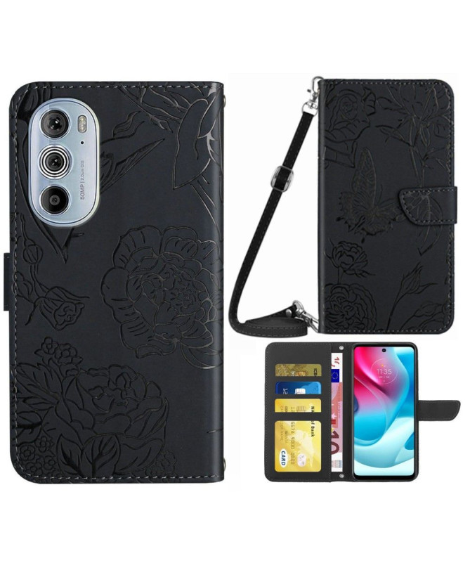 Housse Motorola Edge 30 Pro Illustration Papillon et Fleurs à Sangle
