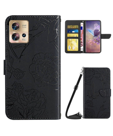 Housse Motorola Edge 30 Fusion Illustration Papillon et Fleurs à Sangle