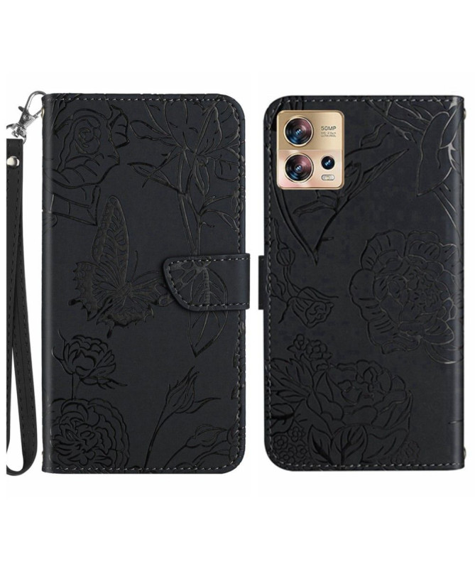 Housse Motorola Edge 30 Fusion Illustration Papillon et Fleurs à Lanière