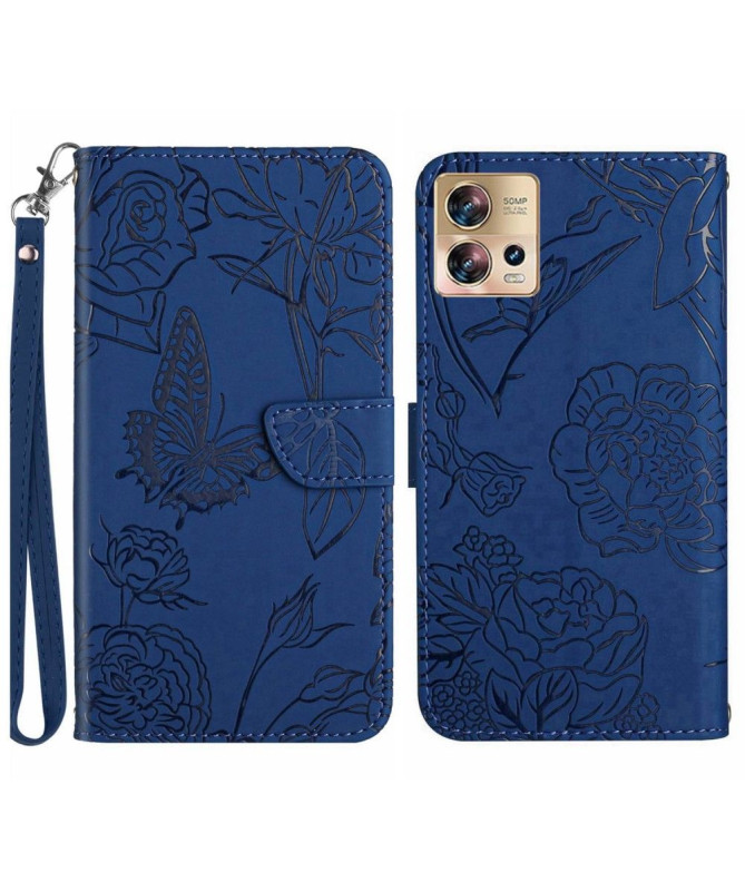 Housse Motorola Edge 30 Fusion Illustration Papillon et Fleurs à Lanière