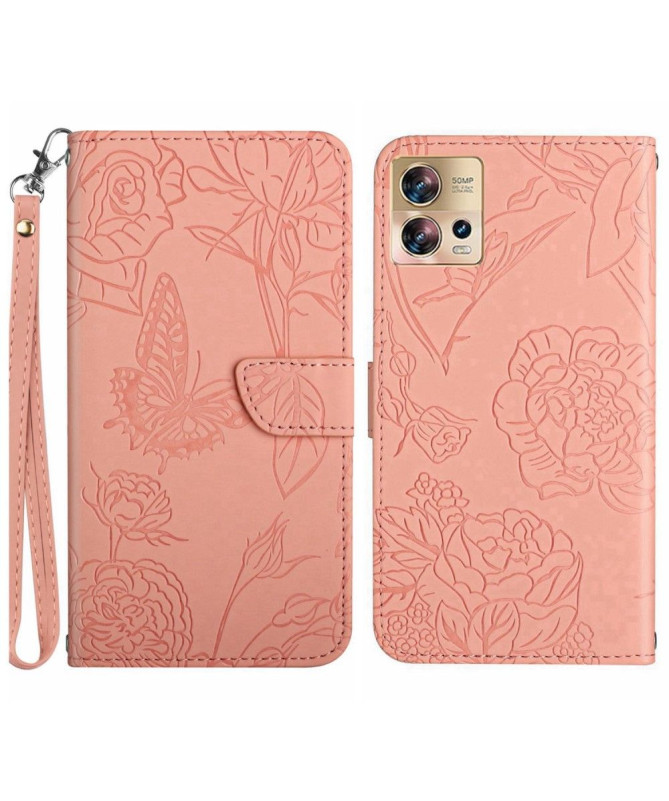Housse Motorola Edge 30 Fusion Illustration Papillon et Fleurs à Lanière