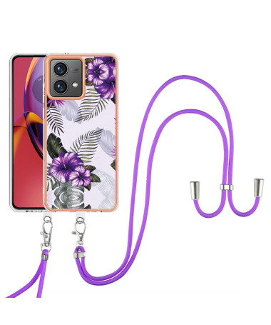 Coque Moto G84 5G fleurs exotiques à cordon