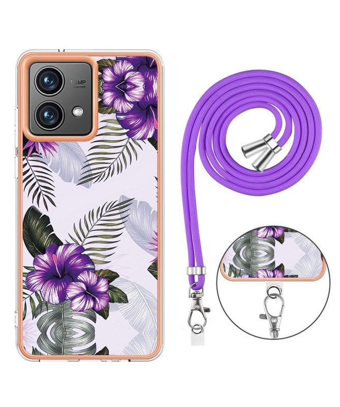 Coque Moto G84 5G fleurs exotiques à cordon