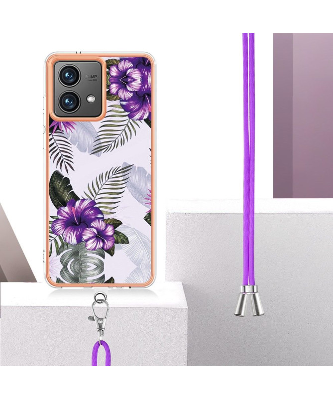 Coque Moto G84 5G fleurs exotiques à cordon