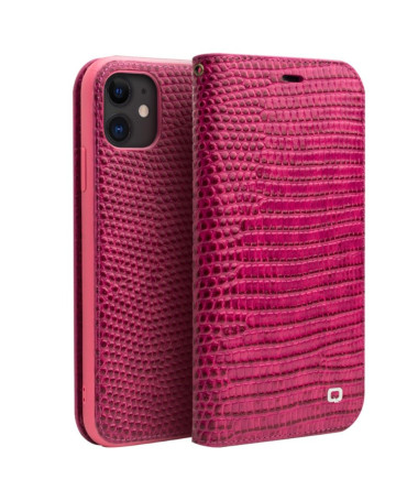 Housse iPhone 11 cuir véritable effet croco - Rose