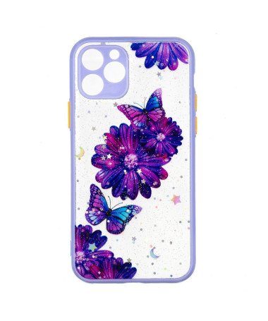 Coque iPhone 11 transparent fleurs et papillons violets