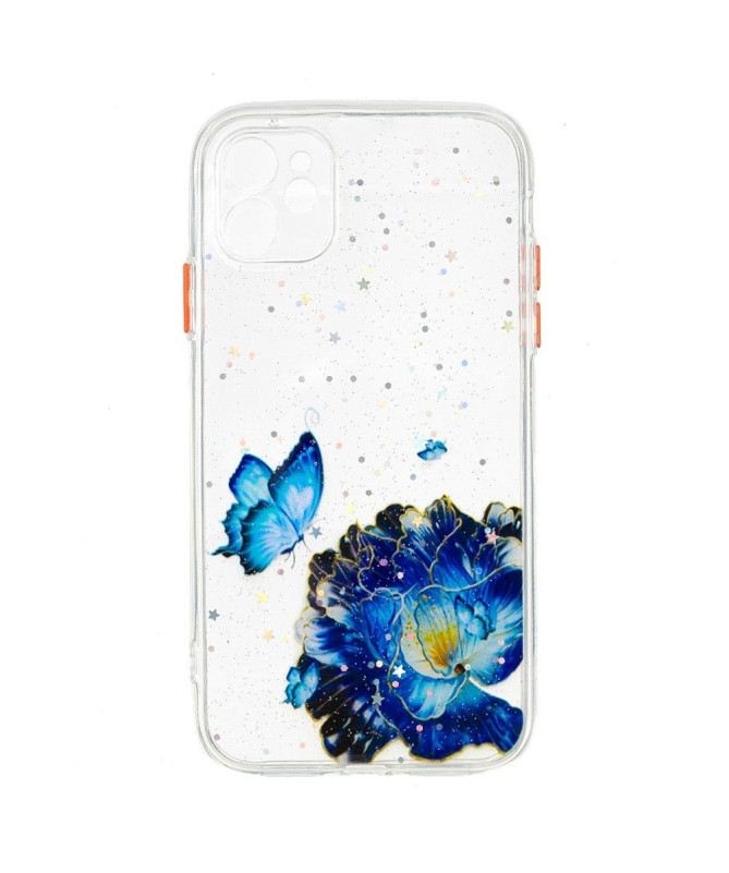 Coque iPhone 11 transparent fleurs et papillons bleus