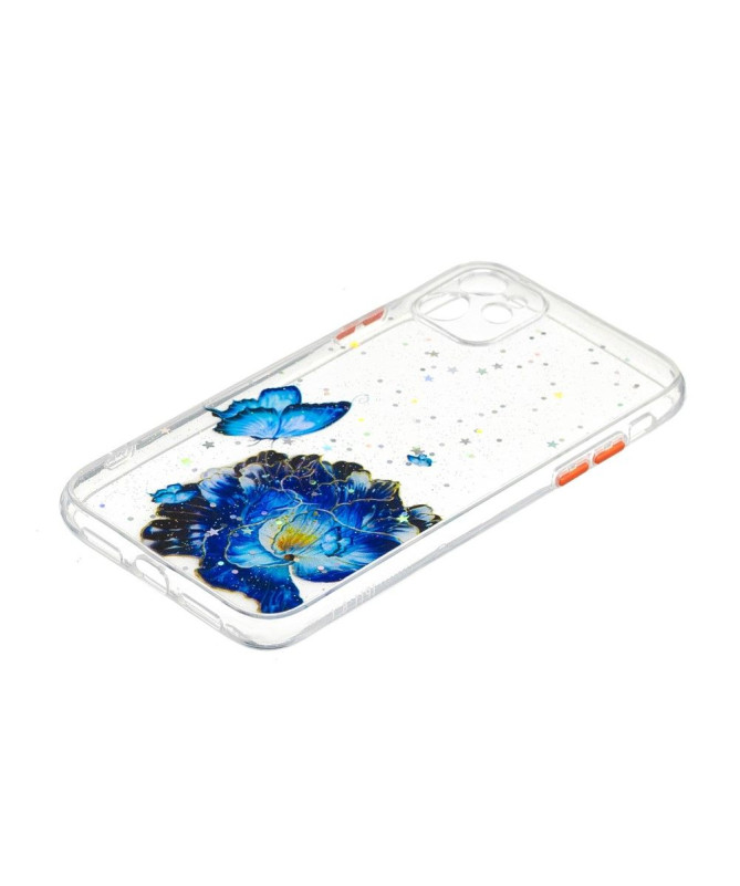 Coque iPhone 11 transparent fleurs et papillons bleus