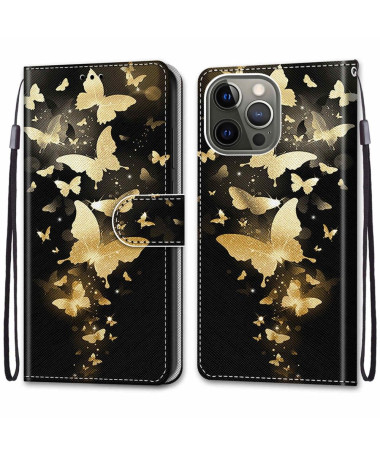 Housse iPhone 13 Pro illustration papillons dorés