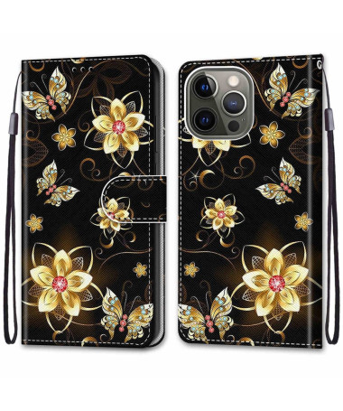 Housse iPhone 13 Pro Papillons et fleurs dorées