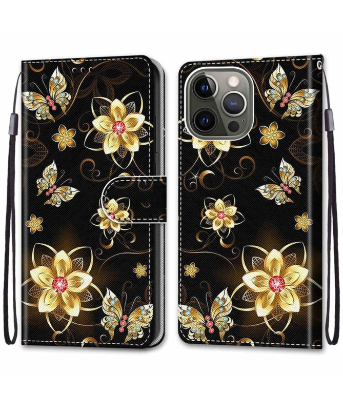 Housse iPhone 13 Pro Papillons et fleurs dorées