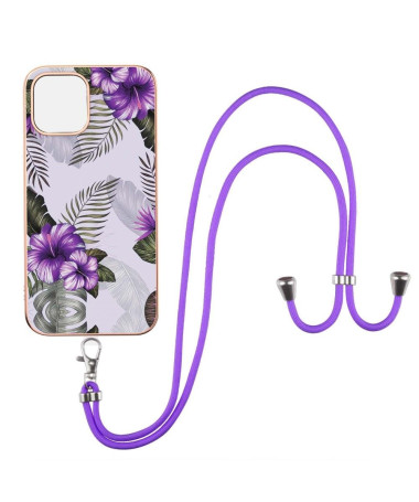 Coque iPhone 13 Pro fleurs exotiques à cordon