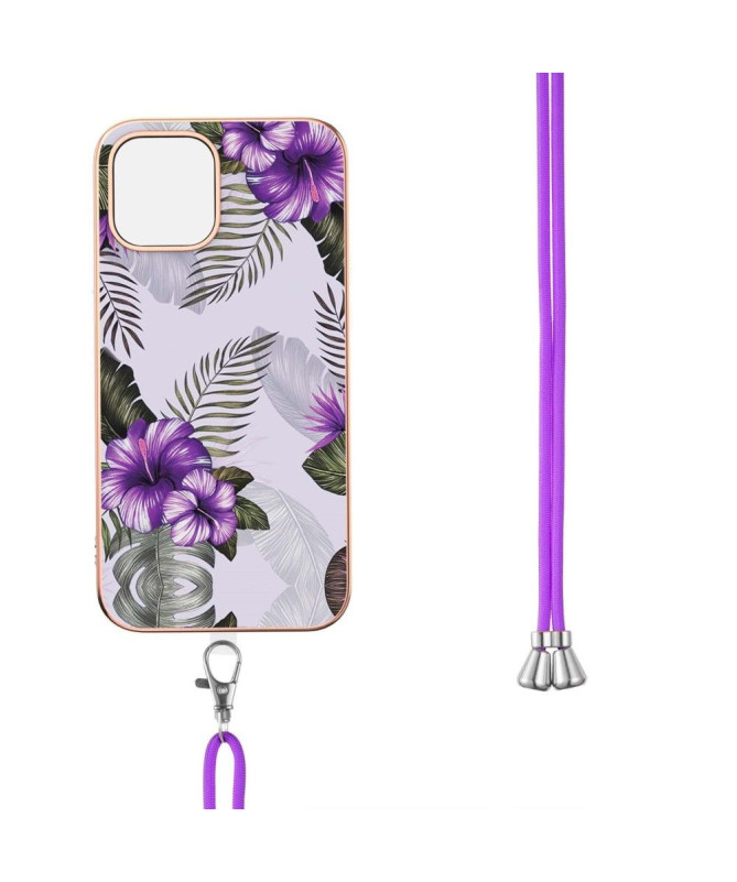 Coque iPhone 13 Pro fleurs exotiques à cordon