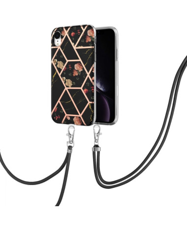 Coque iPhone XR à cordon marbre et fleurs