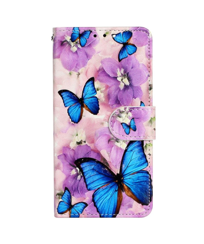 Housse iPhone 14 Pro papillons bleus et fleurs