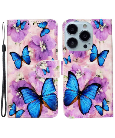 Housse iPhone 14 Pro papillons bleus et fleurs