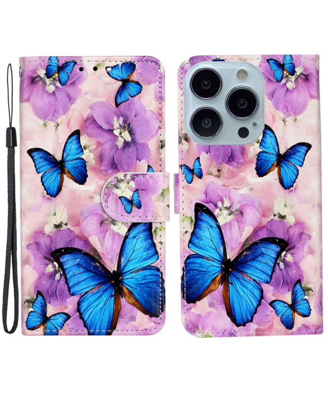 Housse iPhone 14 Pro papillons bleus et fleurs