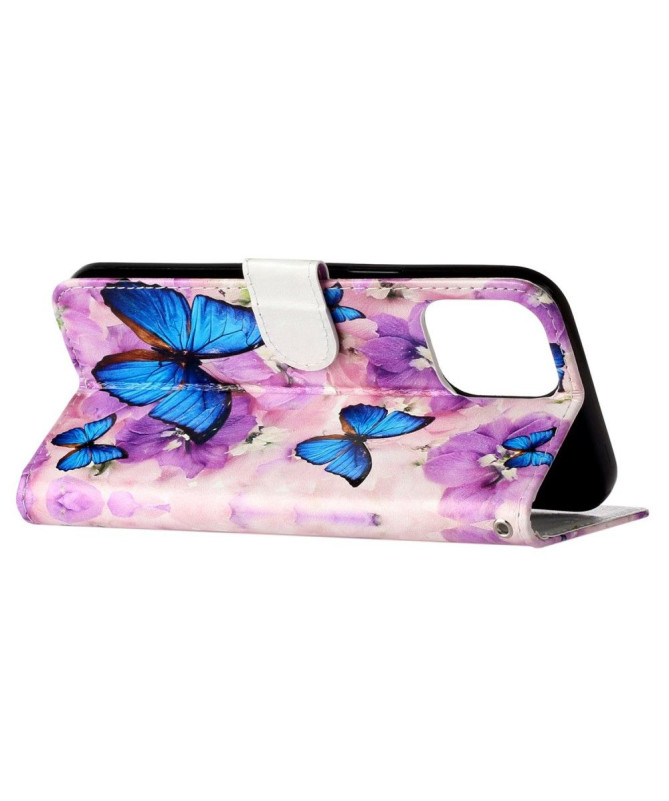 Housse iPhone 14 Pro papillons bleus et fleurs